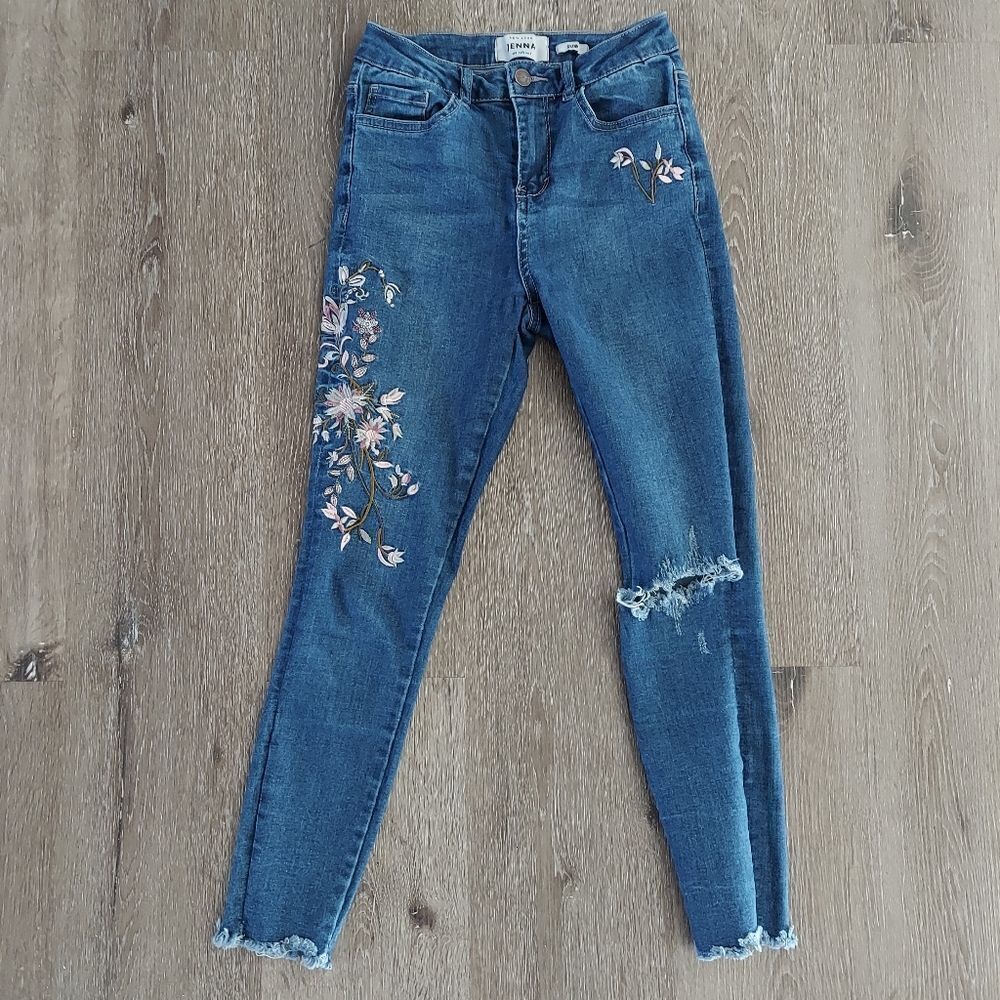 NEW LOOK Distressed Floral Embroidery JENNA skinny ankle grazer jeans size 4